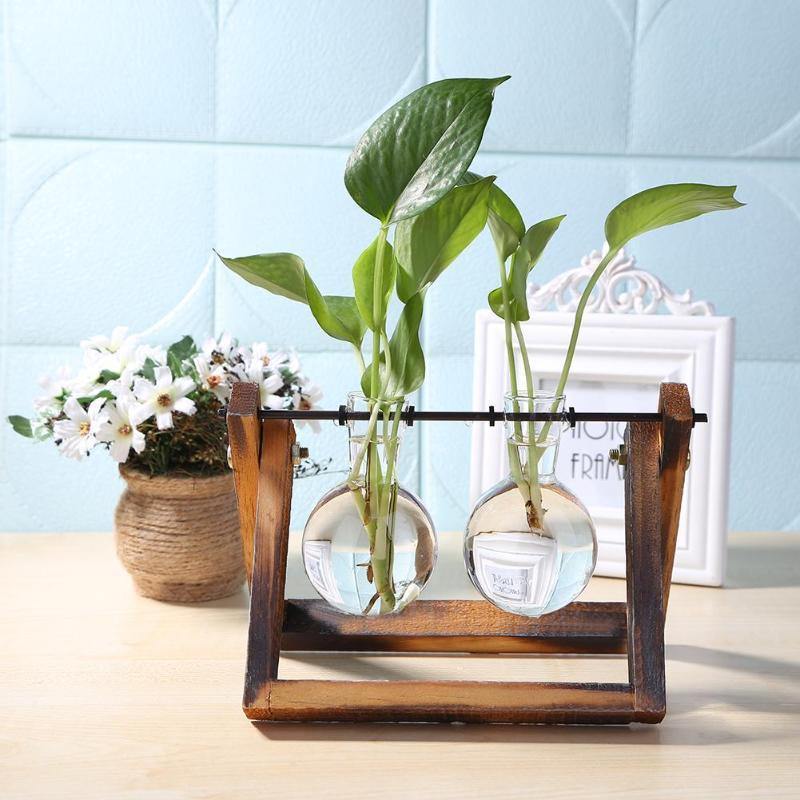 Glass Propagation Vase With Wooden Frame Stand Siena - Double Glass Propagation Vase